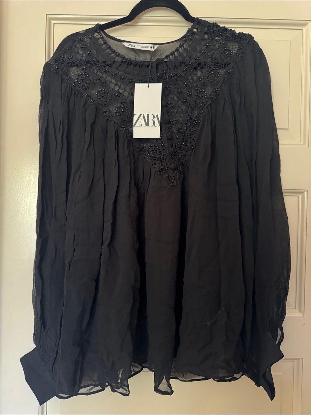ZARA Black Beaded Crochet Yoke Blouse